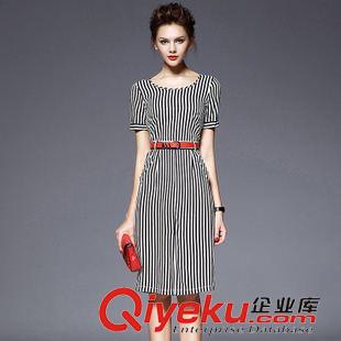 2015歐美高端面料潮裝 歐洲站2015新款夏裝簡約條紋圓領(lǐng)短袖修身名媛女裝連衣裙（送皮帶原始圖片2
