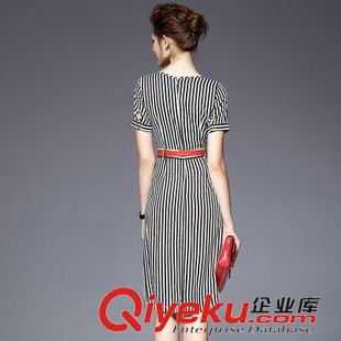 2015歐美高端面料潮裝 歐洲站2015新款夏裝簡約條紋圓領(lǐng)短袖修身名媛女裝連衣裙（送皮帶原始圖片3