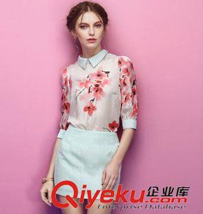 2015歐美高端面料潮裝 歐洲站實拍2015夏季新款 百褶圓領雪紡印大花連衣裙西米亞長裙
