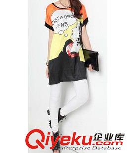2015歐美街頭時尚潮 歐洲站2015夏季新款歐美范中長款蝙蝠衫  短袖印花寬松雪紡衫潮裝原始圖片3