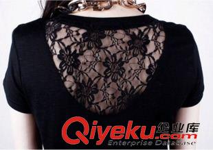 2015歐美街頭時尚潮 歐美范2015夏季新品街頭范印花水鉆打底衫 蕾絲短袖女裝修身t恤原始圖片2