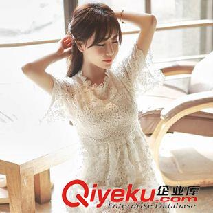 2015新款連衣裙 2015夏季新款 甜美高腰修身白色蕾絲連衣裙高腰A字裙子原始圖片3