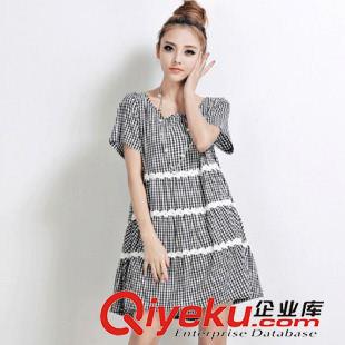 2015新款連衣裙 2015夏裝新款 韓版時尚寬松大碼中長款連衣裙 短袖格紋撞色連衣裙