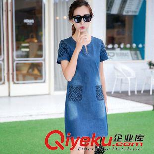 牛仔系列 實拍2015夏韓版女裝短袖大碼寬松牛仔連衣裙修身顯瘦A字