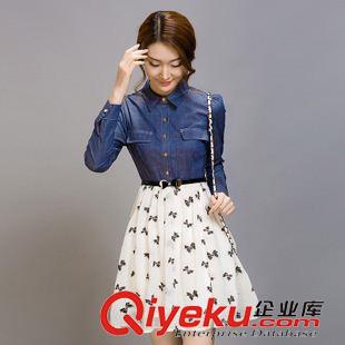 9月秋冬二期新款 2015春秋裝新款女裝韓版修身假兩件長袖拼接牛仔連衣裙原始圖片2