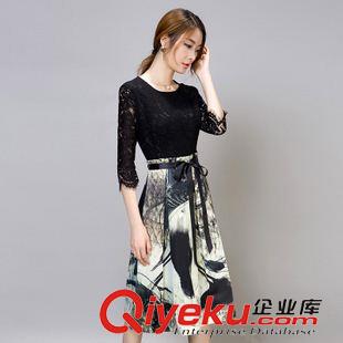 9月秋冬一期新款 2015秋季新品gd蕾絲中長款水墨印花修身七分袖大擺型連衣裙顯瘦原始圖片2