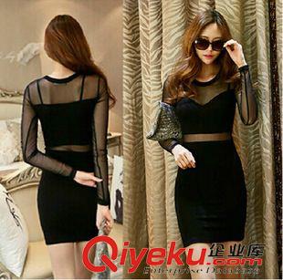 9月18女裝 2015夜店女裝性感露腰ts長袖網紗拼接圓領連衣裙打底裙洋裝批發原始圖片2