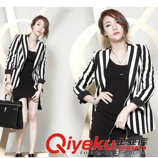 9月18女裝 2015秋季新款 韓版修身中長(zhǎng)款條紋西服休閑正裝西裝外套女批發(fā)原始圖片3
