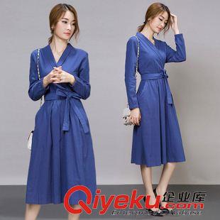 9月18女裝 2015秋季新款女裝韓版顯瘦V領復古文藝范長款裙子長袖棉麻連衣裙原始圖片2
